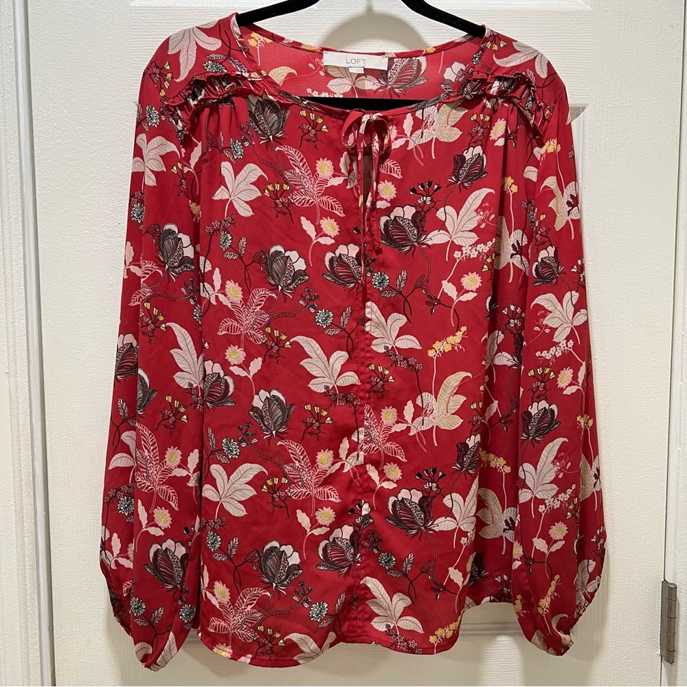 🌺 LOFT Woman’s Floral Mixed-Material Blouse – SIZE Large